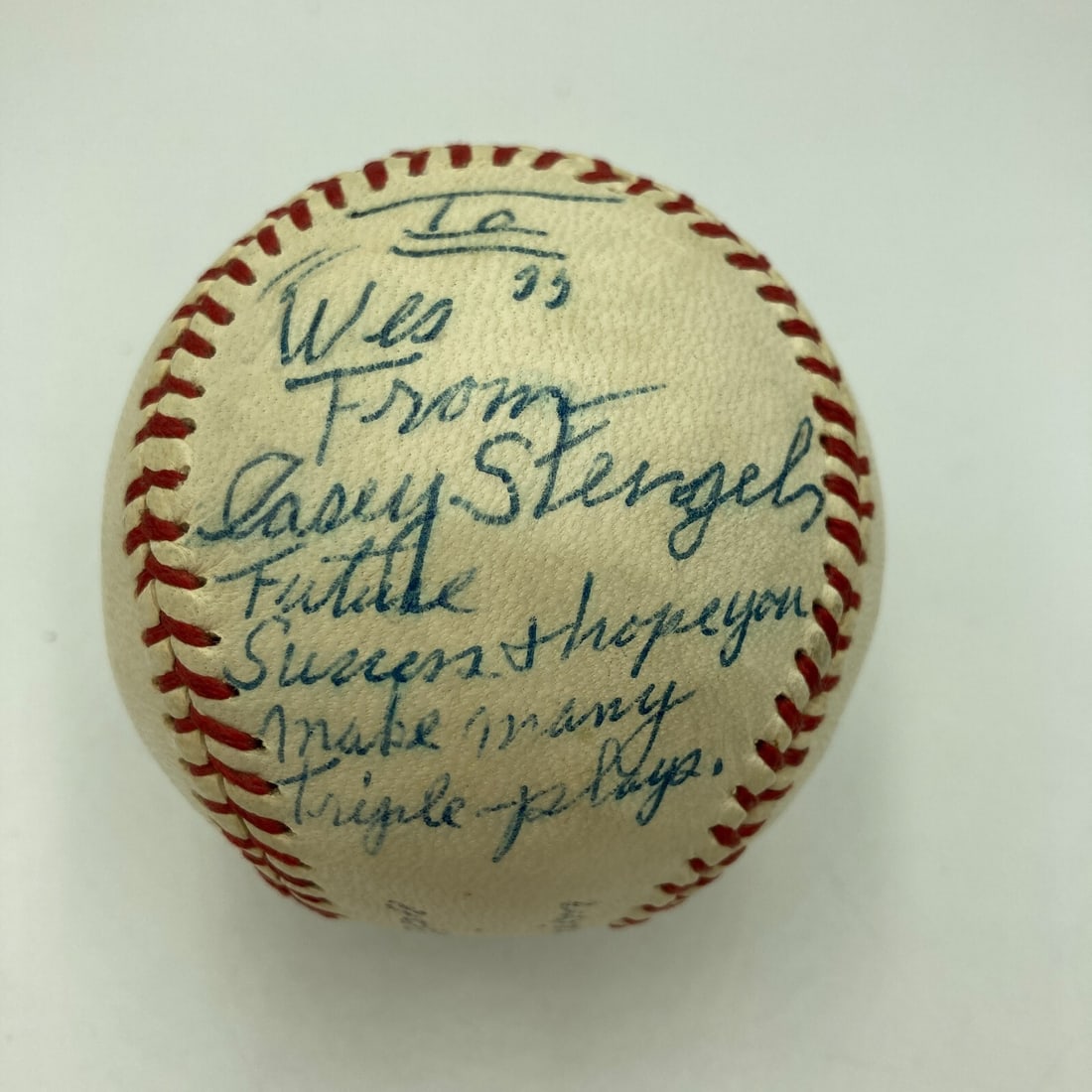 Casey Stengel Signed 1950s Baseball Make Many Triple Plays JSA COA Yankees: Casey Stengel Signed 1950s Baseball Make Many Triple Plays JSA COA Yankees This is a vintage baseball from the 1950s, single signed by legendary player Casey Stengel. The ball features the phrase "Mak