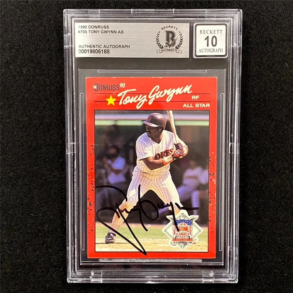 Tony Gwynn 1990 Donruss All Star 705 BAS 10 Auto Card: Tony Gwynn 1990 Donruss All Star 705 BAS 10 Auto Card This is a 1990 Donruss All Star #705 Tony Gwynn baseball trading card, featuring a hard-signed autograph by Tony Gwynn. The card is authenticated 