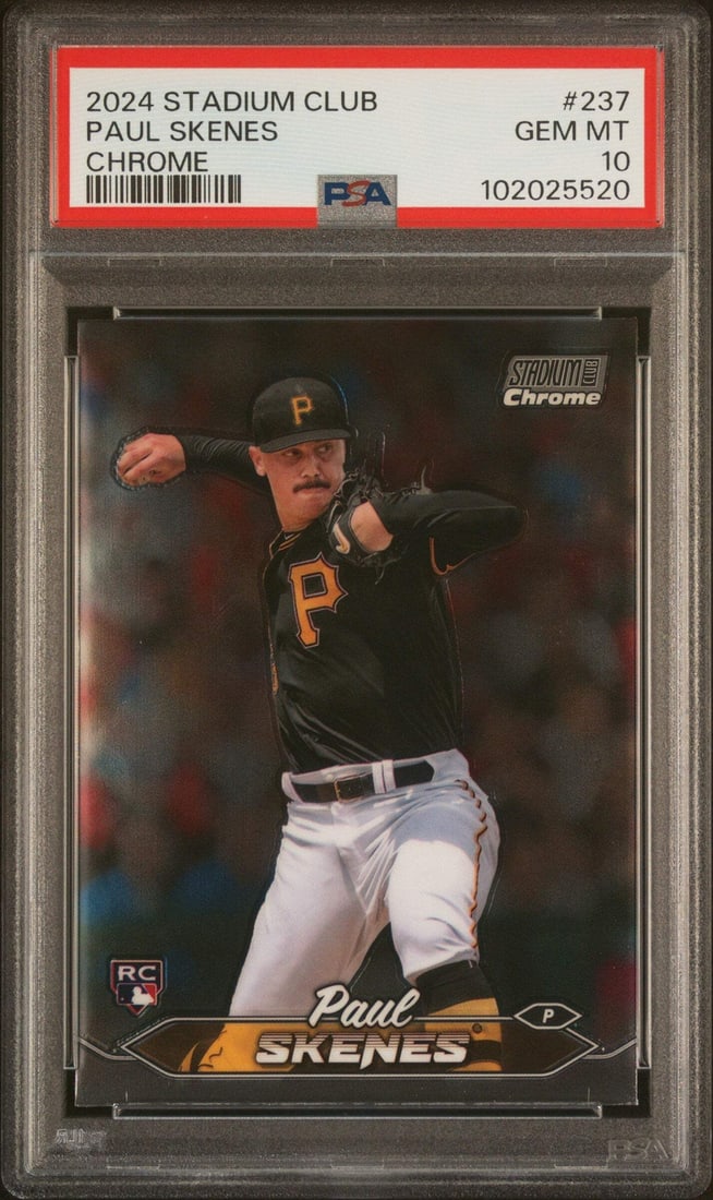 2024 Topps Stadium Club Paul Skenes #237 Chrome RC PSA 10 Baseball Card: 2024 Topps Stadium Club Paul Skenes #237 Chrome RC PSA 10 Baseball Card This 2024 Topps Stadium Club Paul Skenes #237 Chrome RC Baseball Card is an exceptional collectible for any fan or investor. Gra