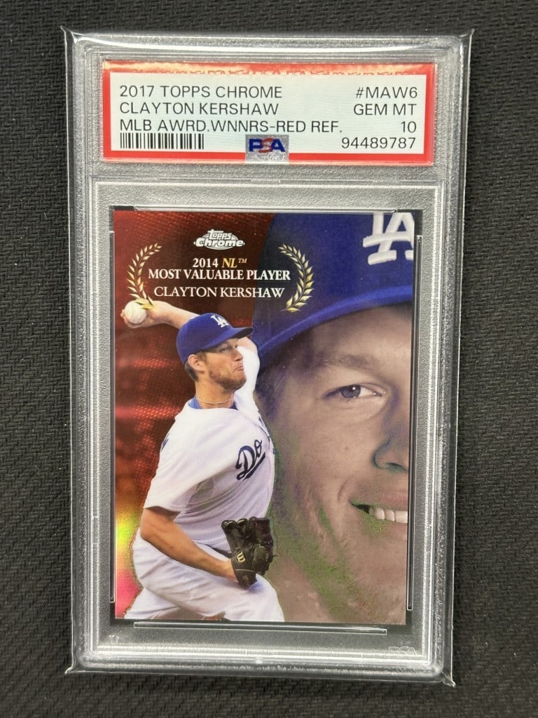 Clayton Kershaw 2017 Topps Chrome Red PSA 10 NL MVP Card #MAW6: Clayton Kershaw 2017 Topps Chrome Red PSA 10 NL MVP Card #MAW6 This is a 2017 Topps Chrome baseball card featuring Clayton Kershaw, who won the NL MVP award in 2014. The card is graded a perfect PSA 1