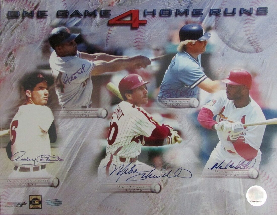 One Game 4 Home Runs Multi-Signed 11x14 Photo by Mays Schmidt Steiner Authenticated: One Game 4 Home Runs Multi-Signed 11x14 Photo by Mays Schmidt Steiner Authenticated This remarkable 11x14 photo collage captures a historic moment in baseball history with a striking multi-autographed