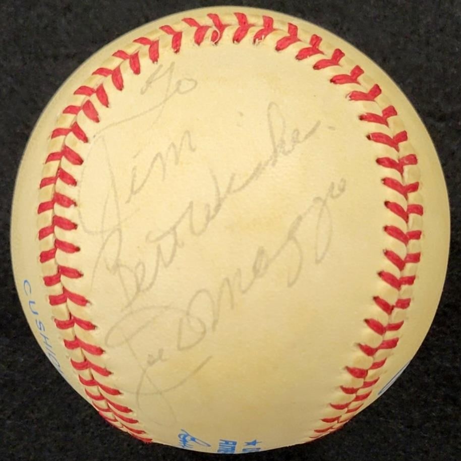 Joe DiMaggio Signed Baseball To Jim JSA Authenticated New York Yankees: Joe DiMaggio Signed Baseball To Jim JSA Authenticated New York Yankees This is an authentic Joe DiMaggio autographed Official American League baseball, featuring a personal inscription "To Jim." The b