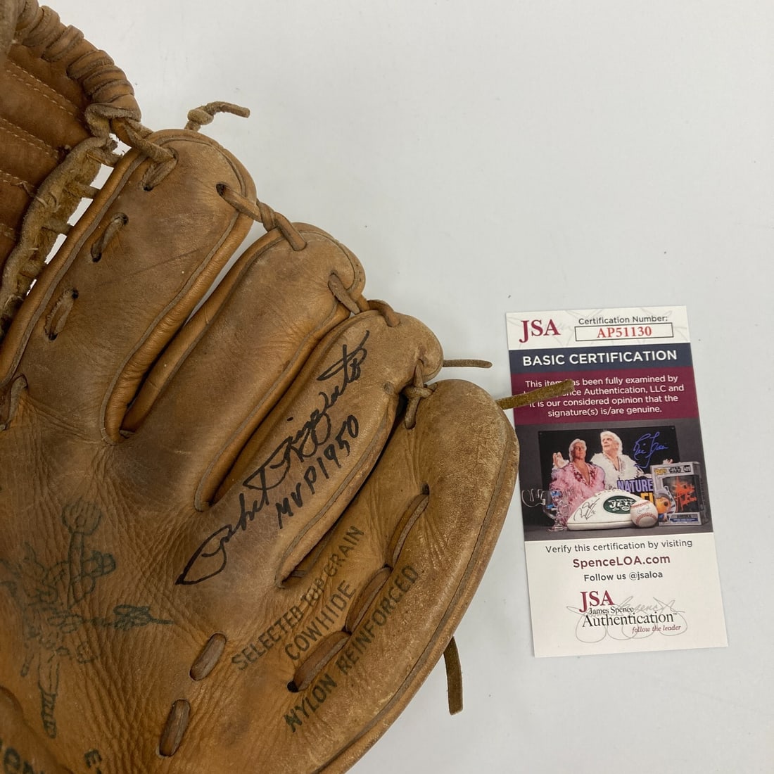 Phil Rizzuto Signed 1940s Baseball Glove with JSA Authentication: Phil Rizzuto Signed 1940s Baseball Glove with JSA Authentication This is a pre-owned 1940's game model baseball glove signed by legendary player Phil Rizzuto. It comes with a James Spence Authenticati