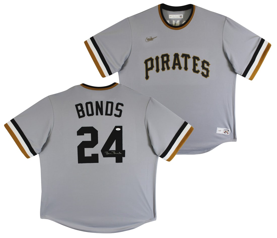 Barry Bonds Signed Pittsburgh Pirates Grey Nike Cooperstown Jersey JSA Authenticated: Barry Bonds Signed Pittsburgh Pirates Grey Nike Cooperstown Jersey JSA Authenticated This grey Nike Cooperstown Collection jersey is an original item personally signed by Barry Bonds of the