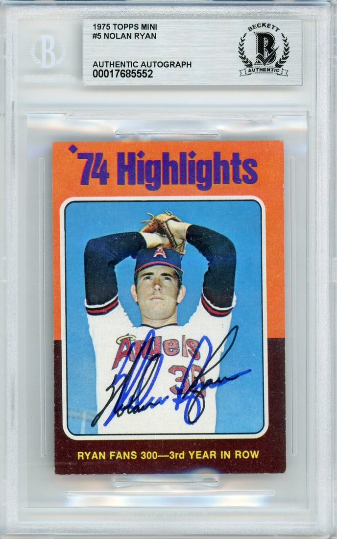 Nolan Ryan Signed 1975 Topps Mini Highlights Card BGS Graded Angels: Nolan Ryan Signed 1975 Topps Mini Highlights Card BGS Graded Angels This is a 1975 Topps Mini Highlights #5 sports trading card featuring Nolan Ryan of the Los Angeles Angels. The card is an original 