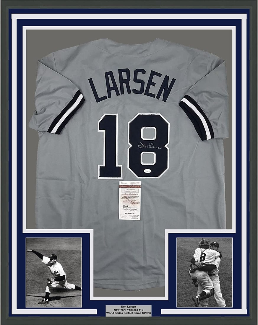 Framed Autographed Don Larsen New York Yankees Jersey with JSA COA: Framed Autographed Don Larsen New York Yankees Jersey with JSA COA Celebrate baseball history with this professionally framed and autographed Don Larsen jersey. This original New York Yankees grey jer
