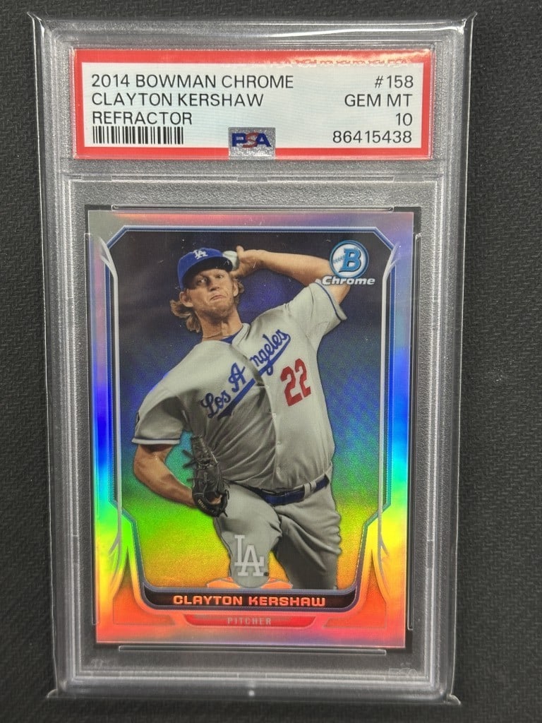 Clayton Kershaw 2014 Bowman Refractor PSA 10 Dodgers Card #158: Clayton Kershaw 2014 Bowman Refractor PSA 10 Dodgers Card #158 This is a 2014 Bowman Refractor baseball card featuring Clayton Kershaw, a star pitcher for the Los Angeles Dodgers. The card is graded b