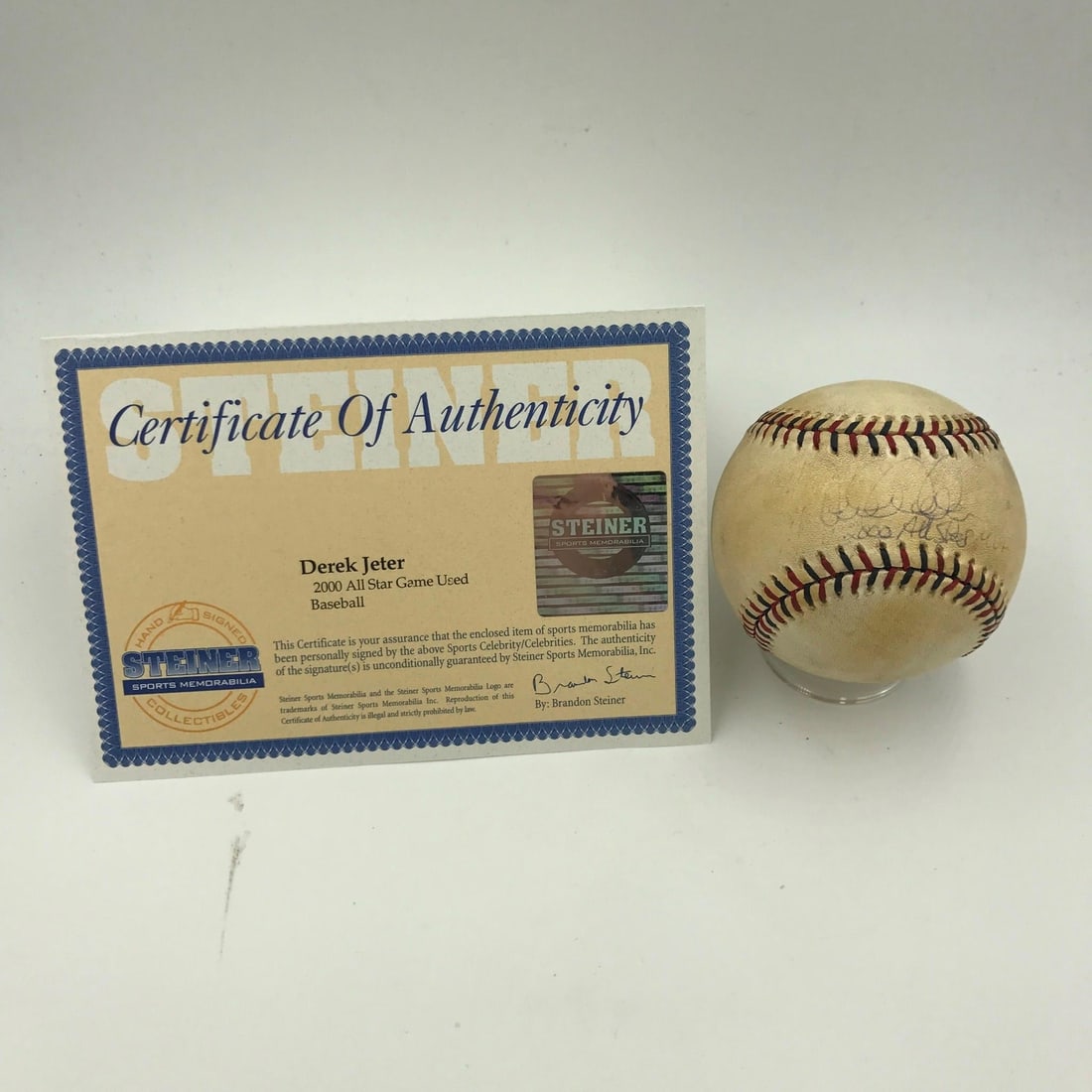 Derek Jeter 2000 All Star Game used signed baseball Steiner COA: Derek Jeter 2000 All Star Game used signed baseball Steiner COA This is an original game-used baseball from the 2000 All Star Game, personally signed and inscribed by Derek Jeter with "2000 All Star G