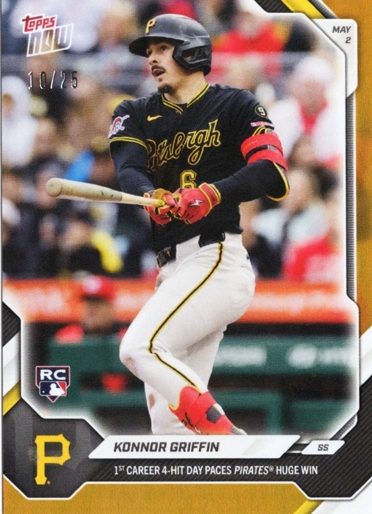 Konnor Griffin Topps Now 2026 Orange Foil Rookie Card 154 /25: Konnor Griffin Topps Now 2026 Orange Foil Rookie Card 154 /25 This is a 2026 Topps Now Konnor Griffin #154 Orange Foil rookie baseball card featuring Konnor Griffin of the Pittsburgh Pirates. The card