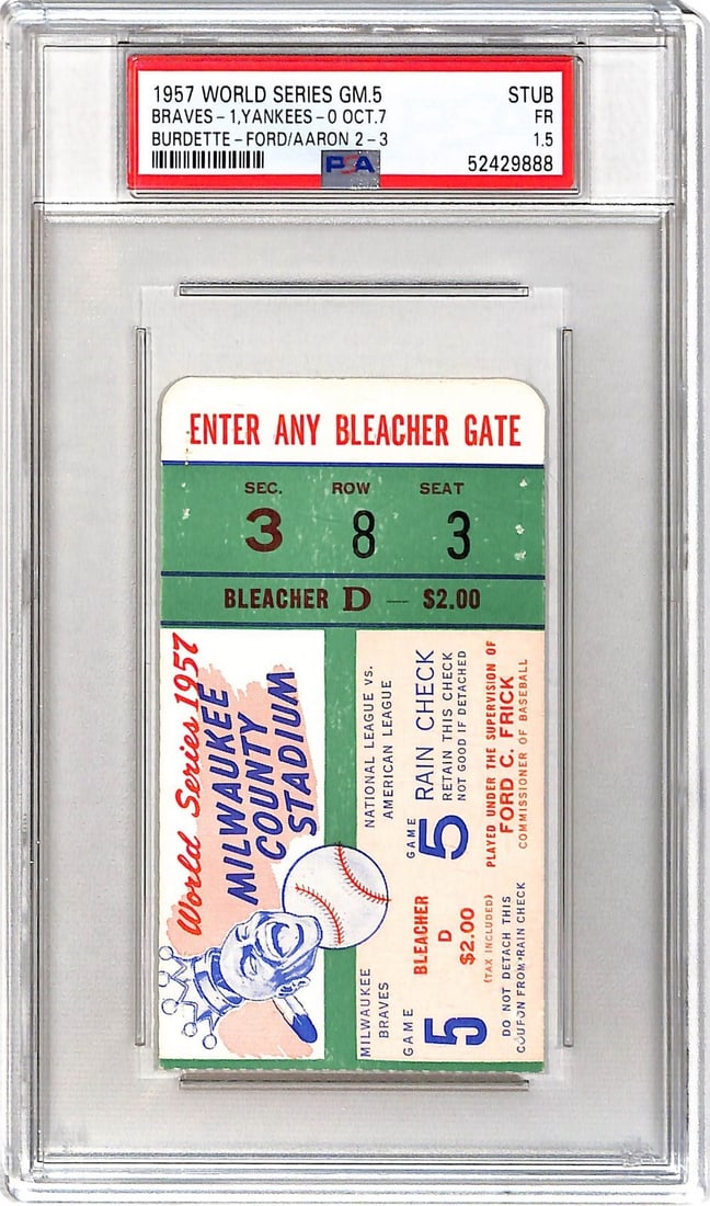 1957 World Series Game 5 Ticket Braves Yankees Burdette vs Ford PSA: 1957 World Series Game 5 Ticket Braves Yankees Burdette vs Ford PSA This is an original ticket from Game 5 of the 1957 World Series, where the Milwaukee Braves faced the New York Yankees. The ticket c