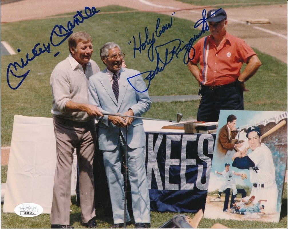 Mickey Mantle Phil Rizzuto Dual-Signed Yankees 8x10 Photo PSA/DNA LOA: Mickey Mantle Phil Rizzuto Dual-Signed Yankees 8x10 Photo PSA/DNA LOA This is a remarkable dual-signed 8x10 photo featuring baseball legends Mickey Mantle and Phil Rizzuto at Yankee Stadium. The photo