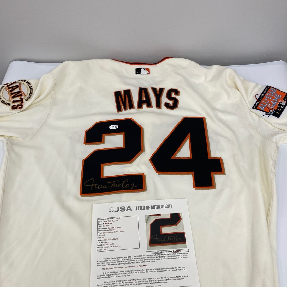 Willie Mays autographed San Francisco Giants 2007 game jersey JSA (1 of 11)