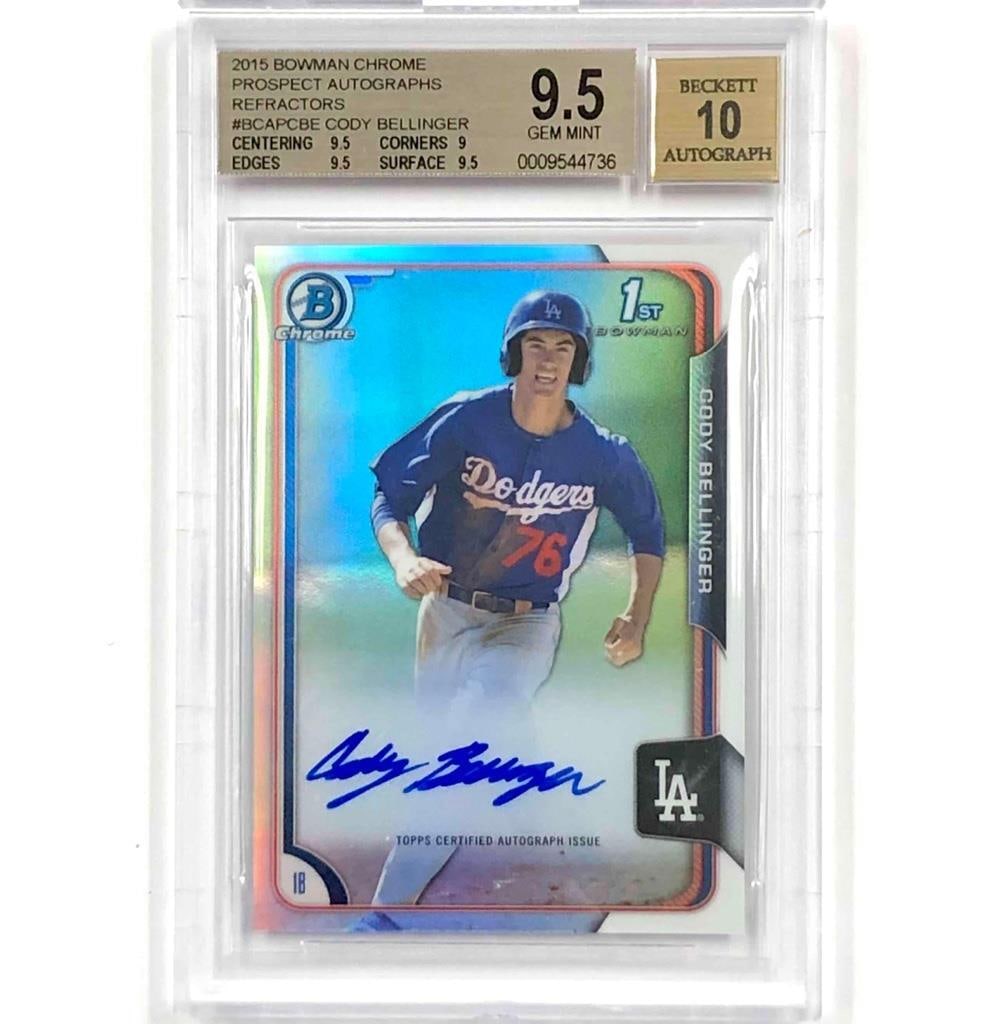 2015 Bowman Chrome Cody Bellinger RC Refractor /499 BGS 9.5 Auto 10: 2015 Bowman Chrome Cody Bellinger RC Refractor /499 BGS 9.5 Auto 10 This is a 2015 Bowman Chrome Cody Bellinger Rookie Refractor trading card, serial numbered /499. The card features a hard-signed aut