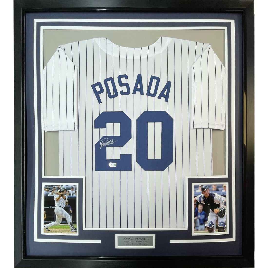 Framed Jorge Posada Autographed New York Yankees Jersey with BAS COA: Framed Jorge Posada Autographed New York Yankees Jersey with BAS COA This professionally framed and matted piece features a signed Jorge Posada 33x42 New York Yankees pinstripe jersey, with authentica