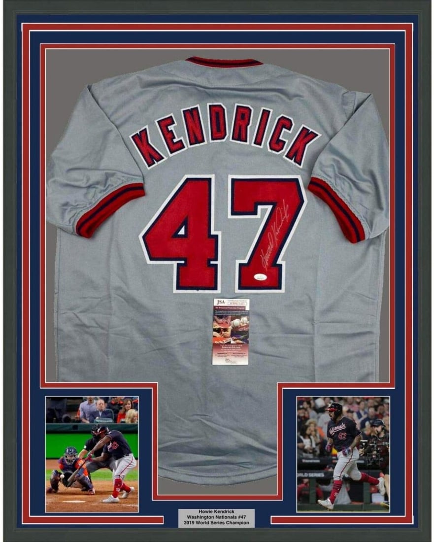 Framed Autographed Howie Kendrick Washington Nationals Jersey JSA COA: Framed Autographed Howie Kendrick Washington Nationals Jersey JSA COA Celebrate the legacy of Howie Kendrick with this professionally framed and autographed grey jersey from the Washington Nationals. 