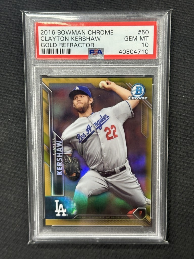 Clayton Kershaw 2016 Bowman Chrome Gold Refractor PSA 10 Dodgers #50: Clayton Kershaw 2016 Bowman Chrome Gold Refractor PSA 10 Dodgers #50 This is a premium 2016 Bowman Chrome Gold Refractor baseball card featuring Clayton Kershaw, a standout player for the Los Angeles 