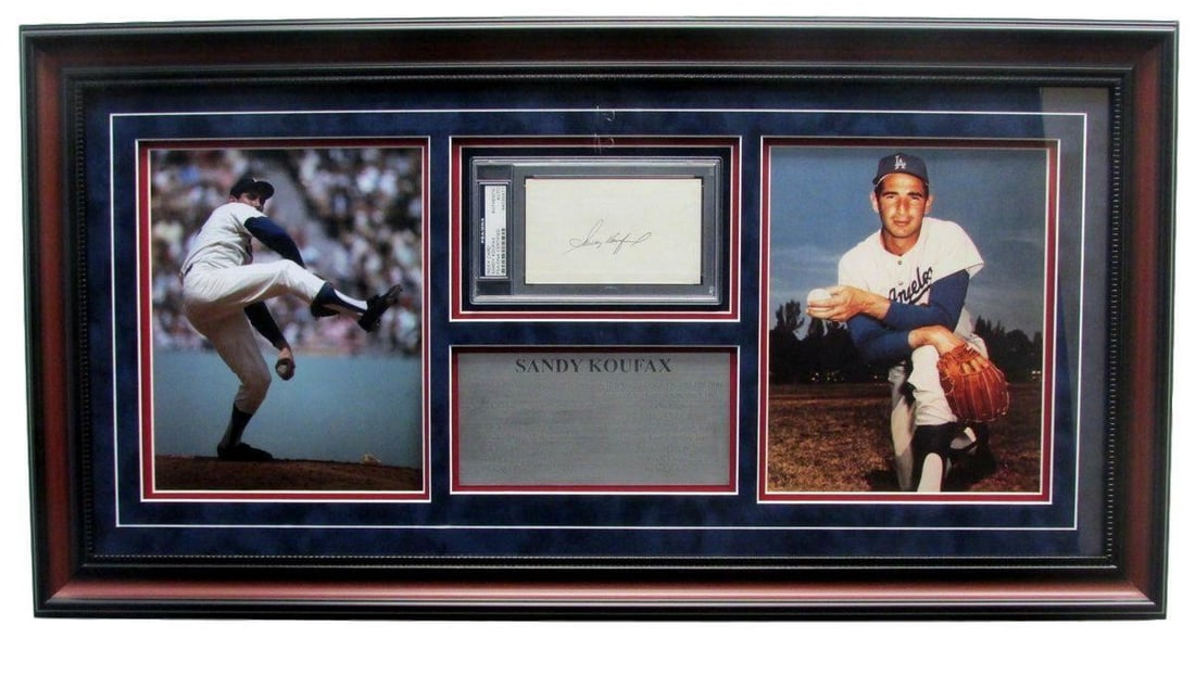 Framed Sandy Koufax Autographed Dodgers 3x5 Index Card Collage PSA/DNA Authenticated: Framed Sandy Koufax Autographed Dodgers 3x5 Index Card Collage PSA/DNA Authenticated This framed collage features a 3x5 index card hand-signed by Sandy Koufax of the Los Angeles Dodgers. The autograph