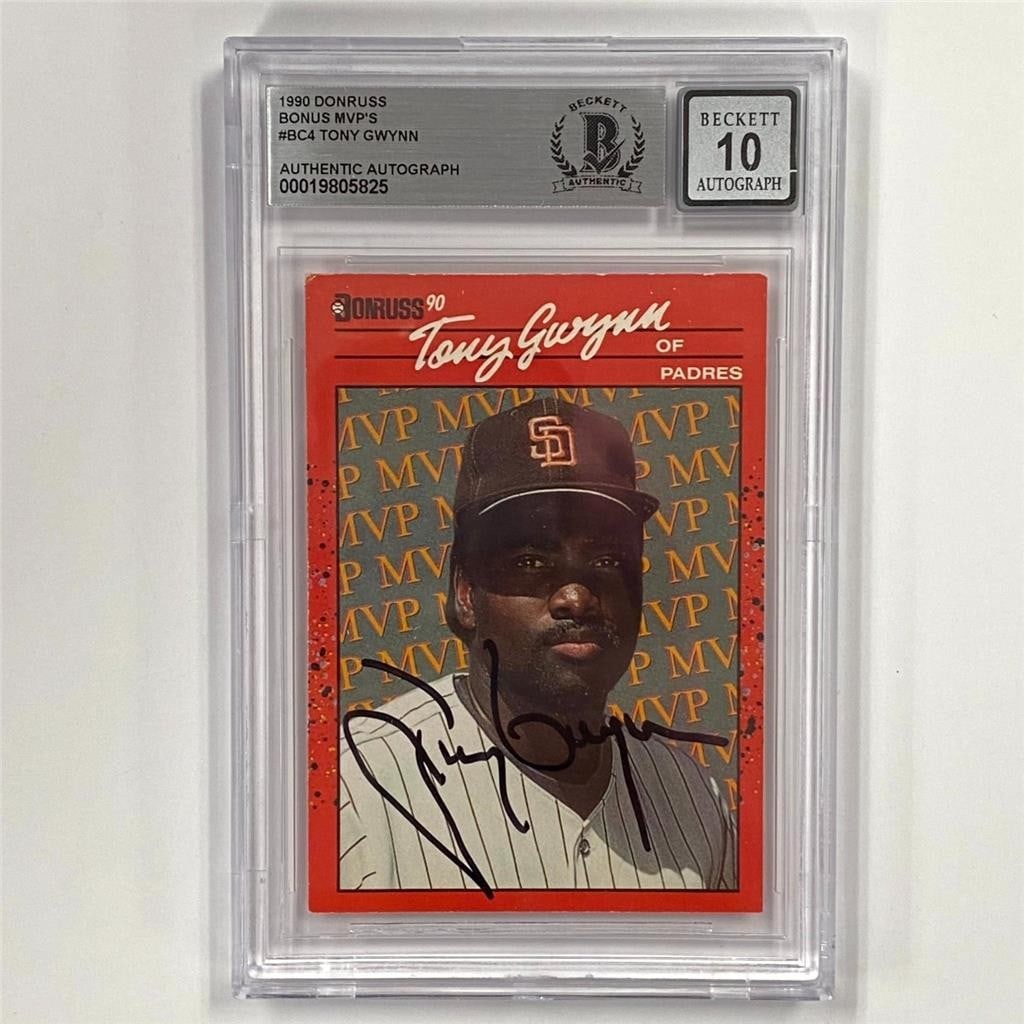 Tony Gwynn autographed 1990 Donruss Bonus MVP BC-4 BAS 10: Tony Gwynn autographed 1990 Donruss Bonus MVP BC-4 BAS 10 This is an original 1990 Donruss Bonus MVP's BC-4 sports trading card featuring Tony Gwynn of the San Diego Padres. The card is hard signed by