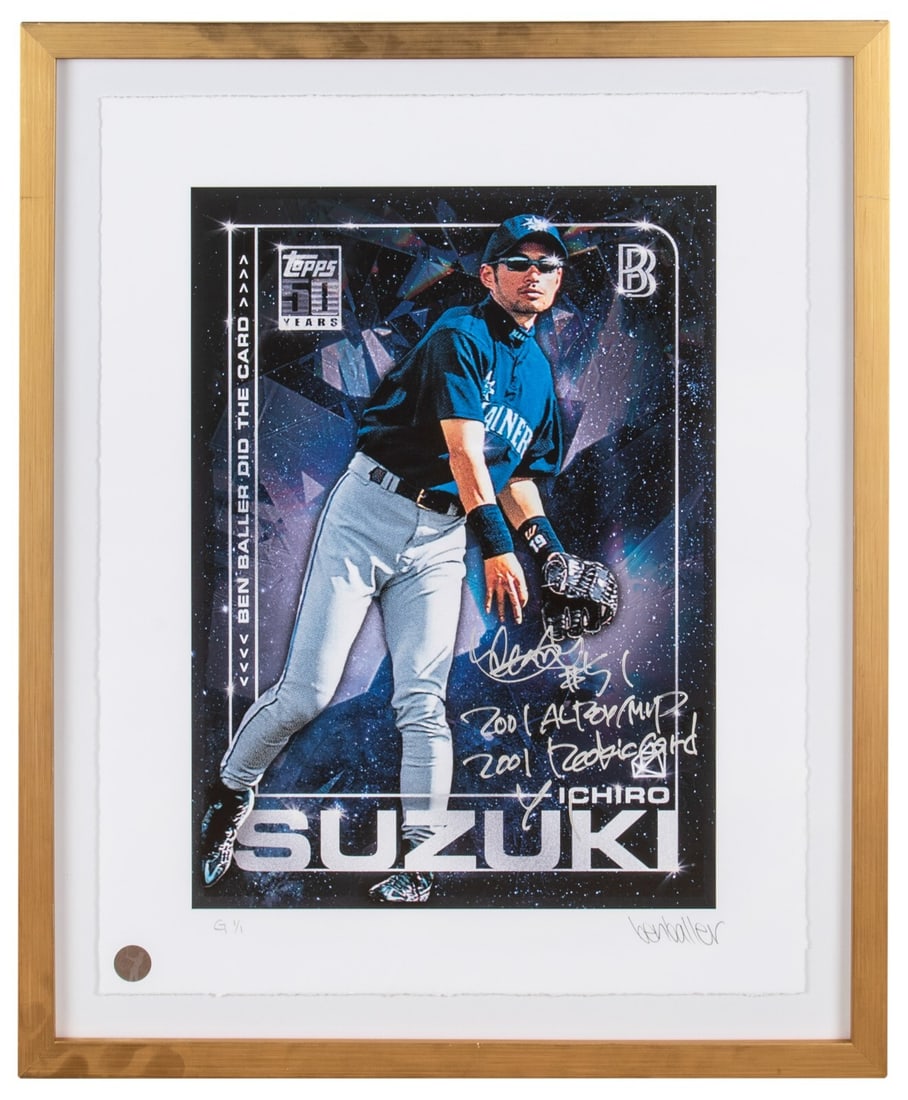 Ichiro Suzuki 2001 Topps RC 1/1 Ben Baller Lithograph Signed PSA Beckett: Ichiro Suzuki 2001 Topps RC 1/1 Ben Baller Lithograph Signed PSA Beckett Presenting a unique and collectible piece for baseball enthusiasts: a lithograph of Ichiro Suzuki's 2001 Topps rookie card, cre