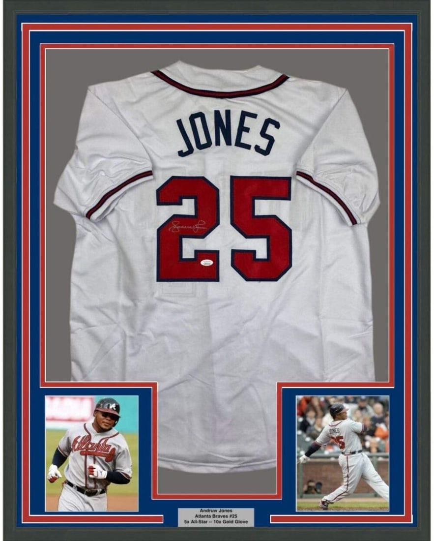 Framed Autographed Andruw Jones Atlanta Braves Jersey JSA COA 33x42: Framed Autographed Andruw Jones Atlanta Braves Jersey JSA COA 33x42 This framed autographed jersey features Andruw Jones, a celebrated player of the Atlanta Braves, showcasing his signature prominentl