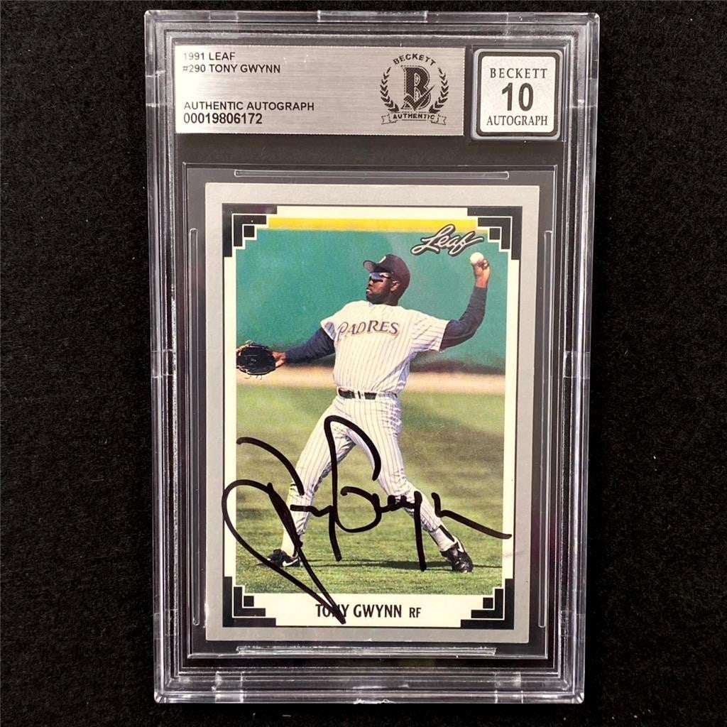 Tony Gwynn 1991 Leaf Padres autograph card BAS 10: Tony Gwynn 1991 Leaf Padres autograph card BAS 10 This is a 1991 Leaf #290 Tony Gwynn sports trading card featuring an authentic hard-signed autograph. The card is part of the base set and represents 