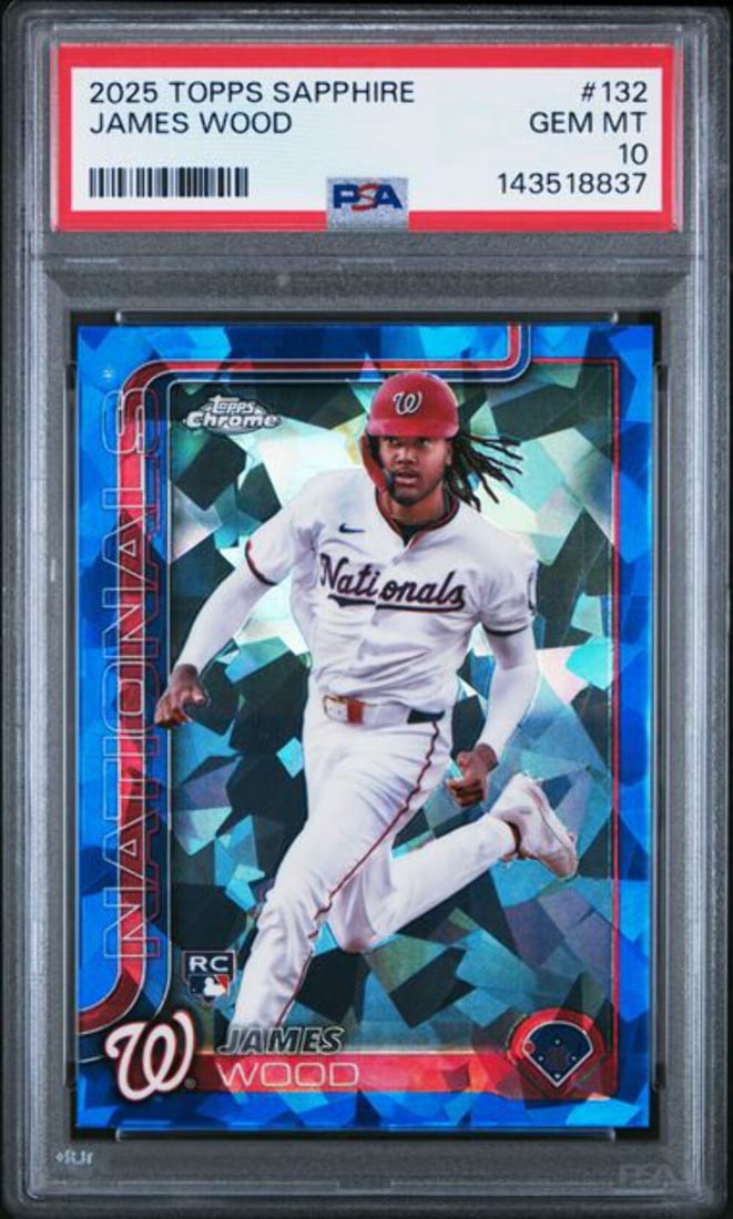 James Wood Rookie 2025 Topps Chrome Sapphire #132 PSA 10 Baseball Card: James Wood Rookie 2025 Topps Chrome Sapphire #132 PSA 10 Baseball Card This is an original 2025 Topps Chrome Sapphire James Wood #132 Rookie RC card, professionally graded PSA 10 Gem Mint. The card fe