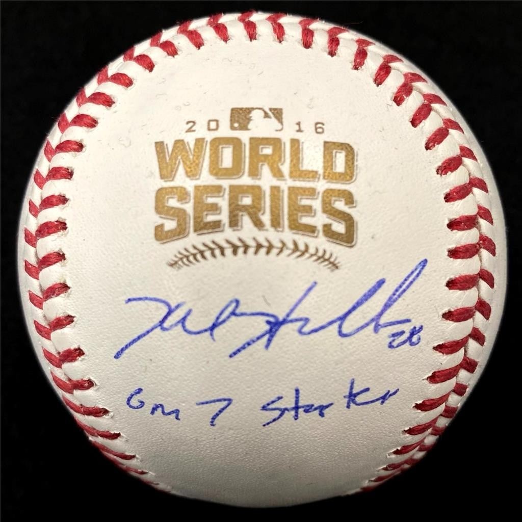 Kyle Hendricks autographed 2016 World Series baseball JSA: Kyle Hendricks autographed 2016 World Series baseball JSA This is an original 2016 World Series baseball signed by Kyle Hendricks, featuring the inscription "Gm 7 Starter." The autograph has been auth