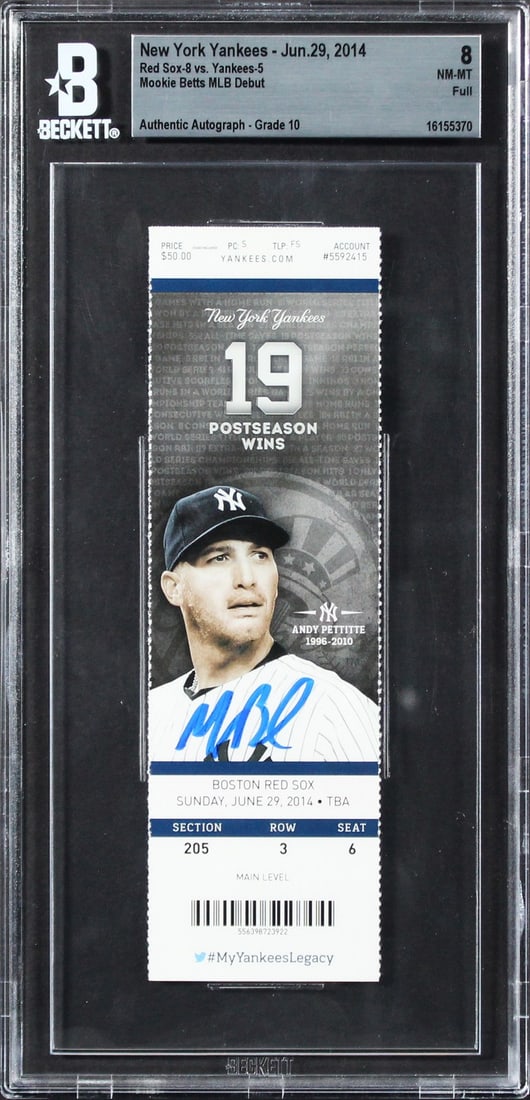 Beckett Slabbed Mookie Betts MLB Debut Ticket Boston Red Sox Signed: Beckett Slabbed Mookie Betts MLB Debut Ticket Boston Red Sox Signed This is an original full ticket stub from Mookie Betts' MLB debut on June 29, 2014, with the Boston Red Sox. The ticket has been per