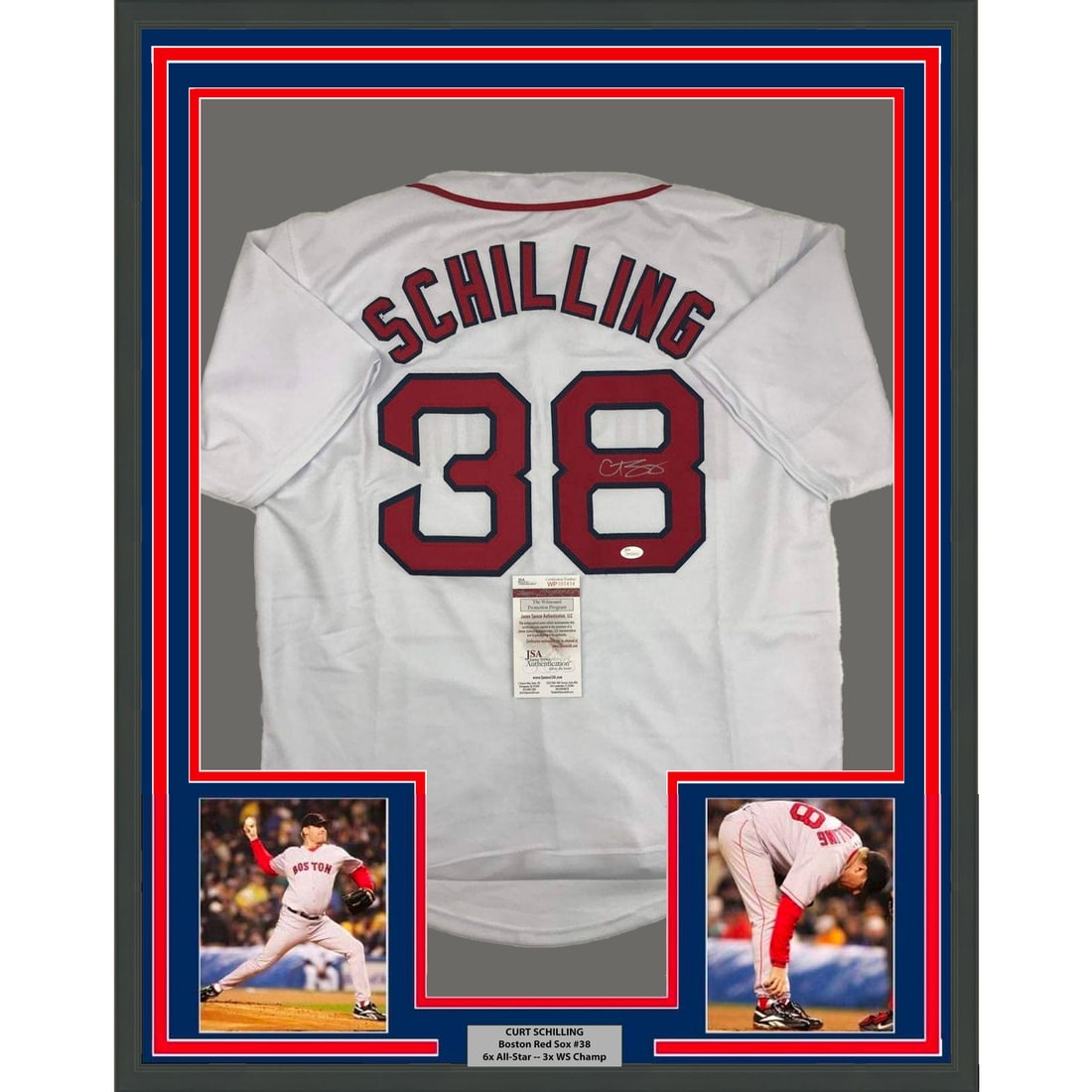 Framed Curt Schilling Signed Jersey 33x42 with JSA COA: Framed Curt Schilling Signed Jersey 33x42 with JSA COA Celebrate the legacy of baseball legend Curt Schilling with this stunning framed autographed Boston Red Sox jersey. This authentic white jersey, 