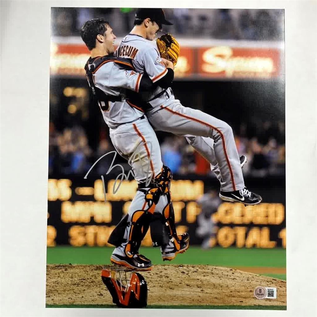 11x14 Photograph Signed by Buster Posey Lincecum No Hitter Beckett Authenticated: 11x14 Photograph Signed by Buster Posey Lincecum No Hitter Beckett Authenticated This 11x14 photograph features Buster Posey's autograph and captures the memorable hug during Tim Lincecum's no-hitter.