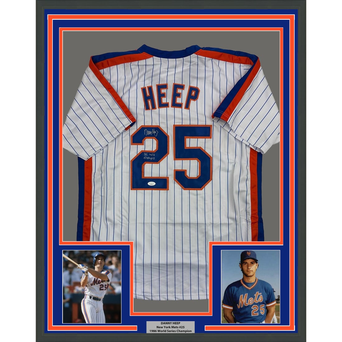Danny Heep Framed Signed New York Mets Jersey with JSA Authentication 35x39: Danny Heep Framed Signed New York Mets Jersey with JSA Authentication 35x39 This is a professionally framed and matted New York pinstripe jersey autographed by Danny Heep. The display includes two 5x7