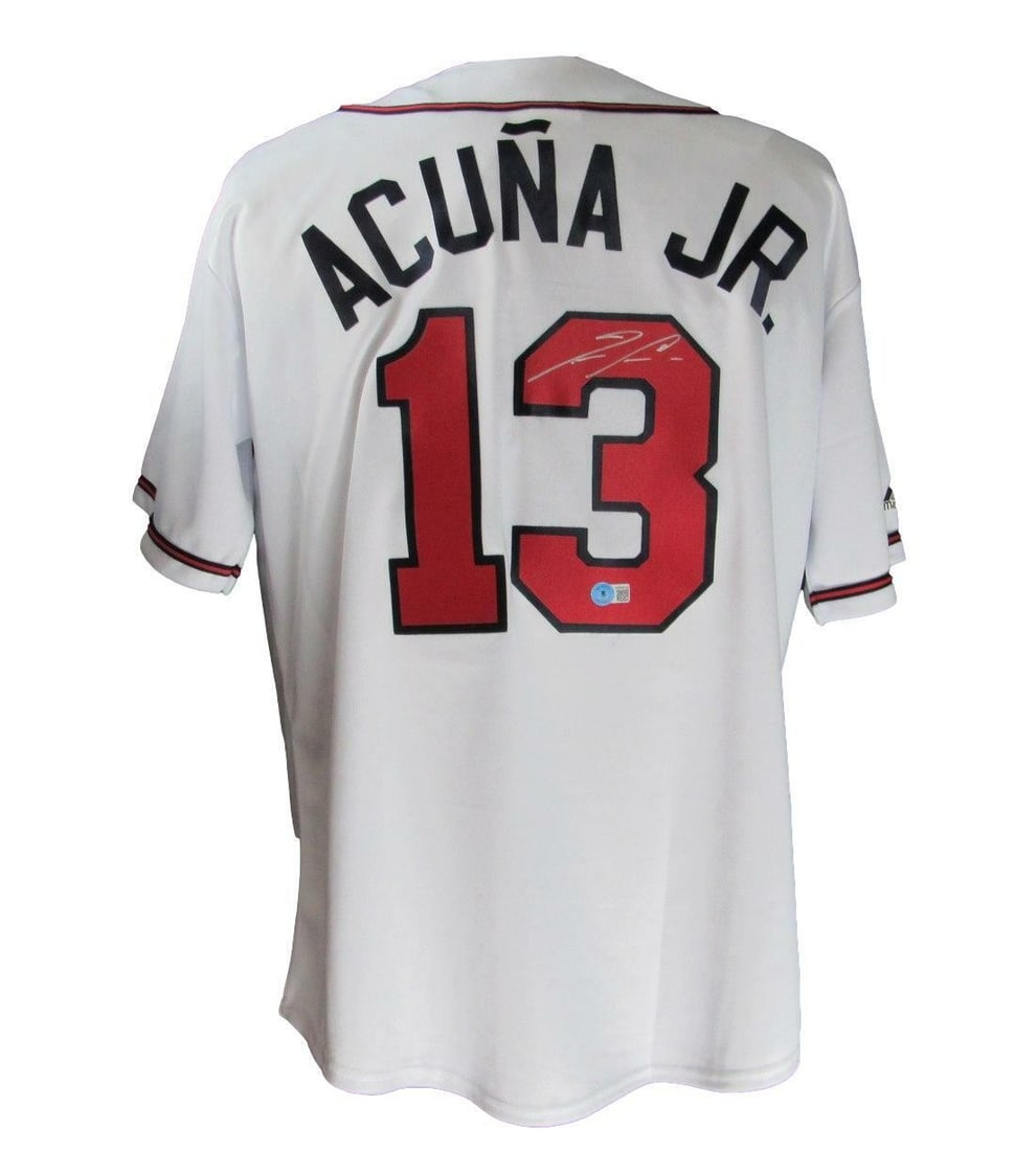 Ronald Acuna Jr. Autographed Braves White Jersey L BAS Beckett: Ronald Acuna Jr. Autographed Braves White Jersey L BAS Beckett This is a Ronald Acuna Jr. signed Atlanta Braves white custom baseball jersey in size L. Authenticated by BAS/Beckett, it features their 