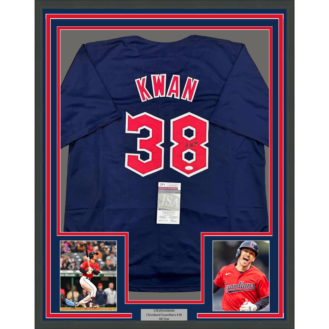 Framed Steven Kwan Autographed Jersey Cleveland Guardians JSA COA 35x39 (1 of 2)