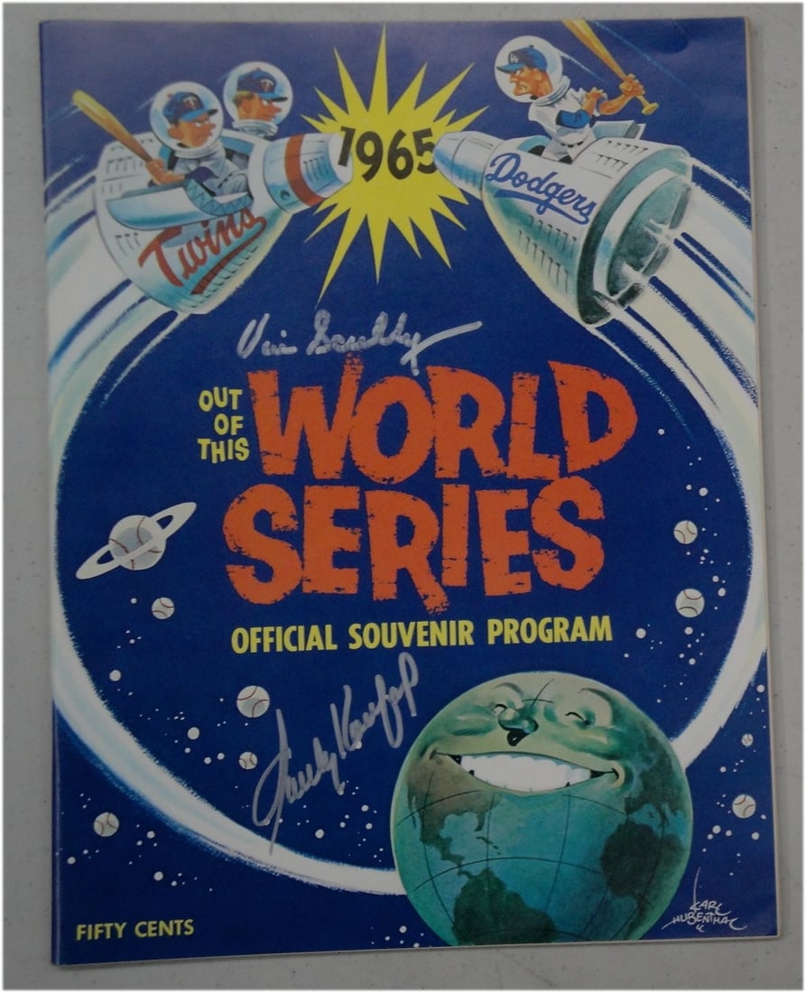 1965 World Series program signed by Koufax and Scully JSA: 1965 World Series program signed by Koufax and Scully JSA This is an original 1965 World Series program autographed by both Sandy Koufax and Vin Scully. The signatures have been authenticated by James