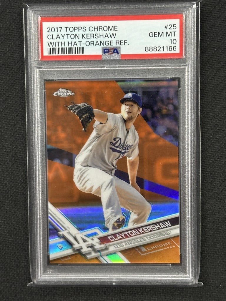 Clayton Kershaw 2017 Topps Chrome Orange Refractor PSA 10 #25: Clayton Kershaw 2017 Topps Chrome Orange Refractor PSA 10 #25 This is a 2017 Topps Chrome Orange Refractor baseball card featuring Clayton Kershaw, a prominent player for the Los Angeles Dodgers. This