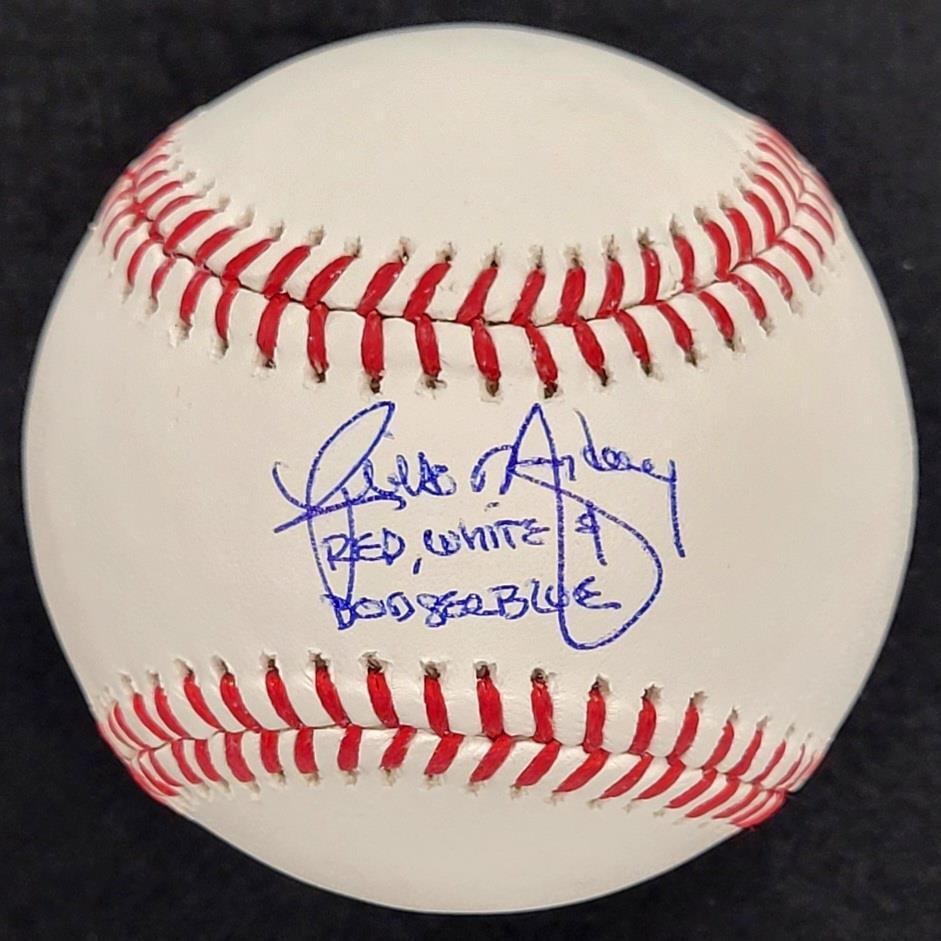 Rick Monday Signed Baseball Red White Dodger Blue Beckett Authenticated: Rick Monday Signed Baseball Red White Dodger Blue Beckett Authenticated This is an authentic baseball signed by Rick Monday, featuring the inscription "Red, White & Dodger Blue." The ball is associate