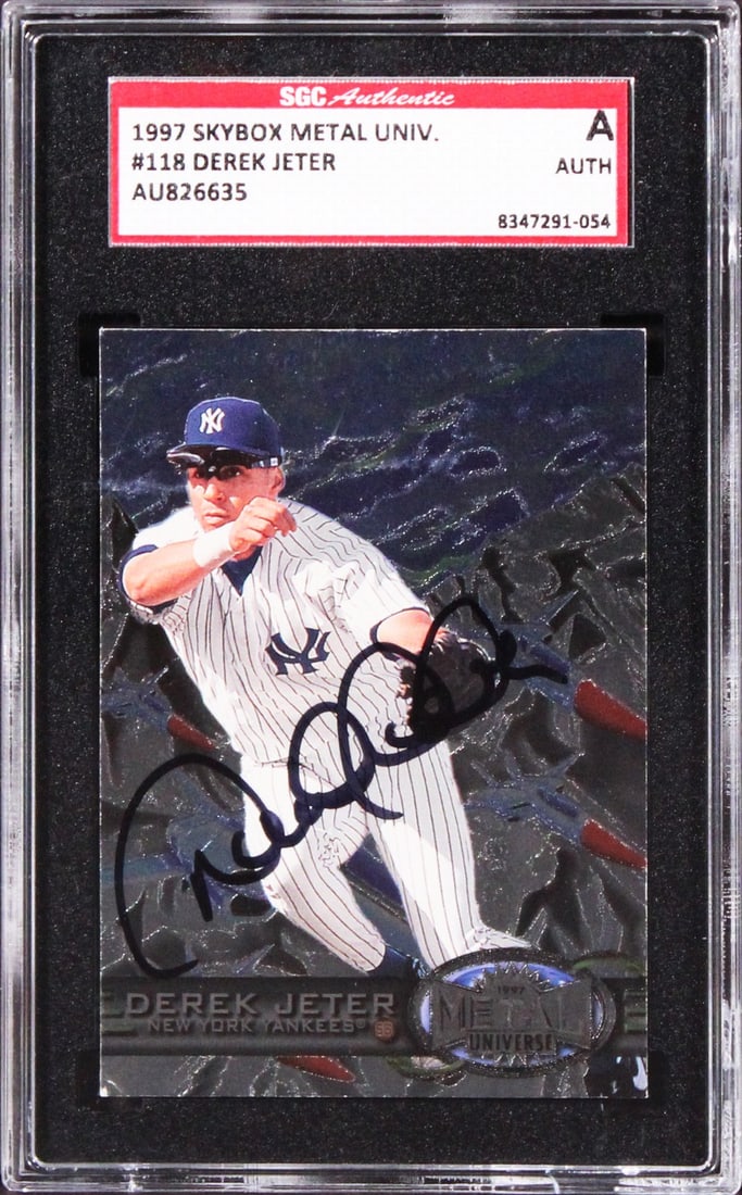 Derek Jeter Signed 1997 Skybox Metal Univ. #118 Graded A Card SGC Auth Yankees: Derek Jeter Signed 1997 Skybox Metal Univ. #118 Graded A Card SGC Auth Yankees This is an original 1997 Skybox Metal University #118 card featuring the legendary Derek Jeter, personally signed and gra