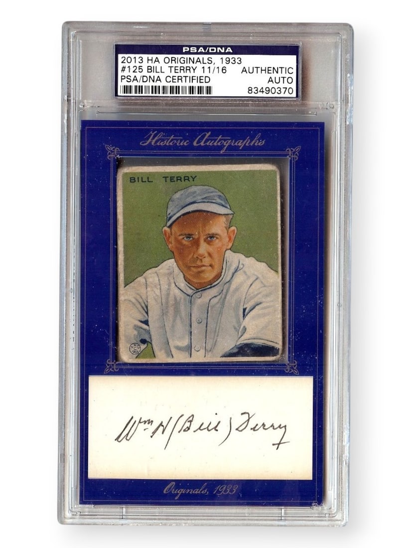 Bill Terry 1933 Goudey Baseball Card PSA Authentic Cut Auto #125 Giants: Bill Terry 1933 Goudey Baseball Card PSA Authentic Cut Auto #125 Giants This 1933 Goudey Bill Terry baseball card is a notable collectible from the Major League Baseball era. It features a cut autogra