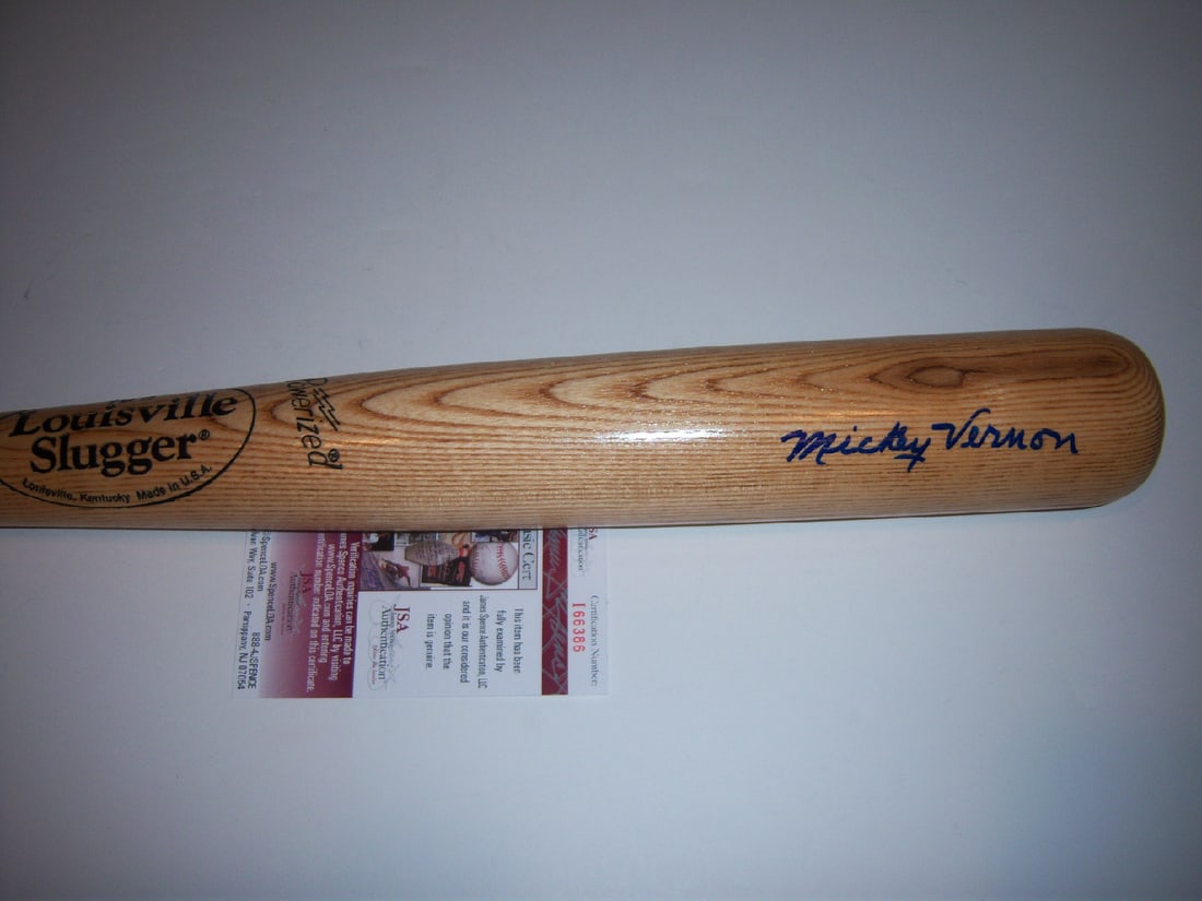 Signed Full Size Bat by Mickey Vernon with JSA COA Washington Senators: Signed Full Size Bat by Mickey Vernon with JSA COA Washington Senators This is a full-size baseball bat signed by Mickey Vernon of the Washington Senators. The bat is an original item and includes a J