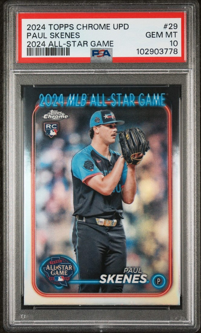 2024 Topps Chrome Update Paul Skenes RC Baseball Card PSA 10: 2024 Topps Chrome Update Paul Skenes RC Baseball Card PSA 10 This is a graded 2024 Topps Chrome Update Paul Skenes #29 2024 ASG RC Baseball Card, featuring the Pittsburgh Pirates player. The card has 