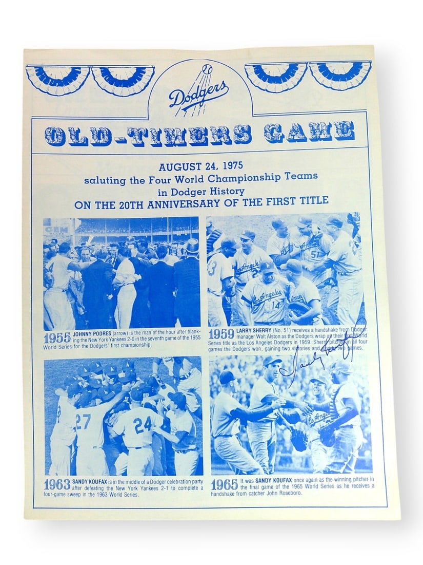 Sandy Koufax Signed 1975 Dodgers Old-Timers Program JSA Authenticated: Sandy Koufax Signed 1975 Dodgers Old-Timers Program JSA Authenticated This is an original program from the 1975 Old-Timers Game, autographed by Sandy Koufax of the Los Angeles Dodgers. The signature h