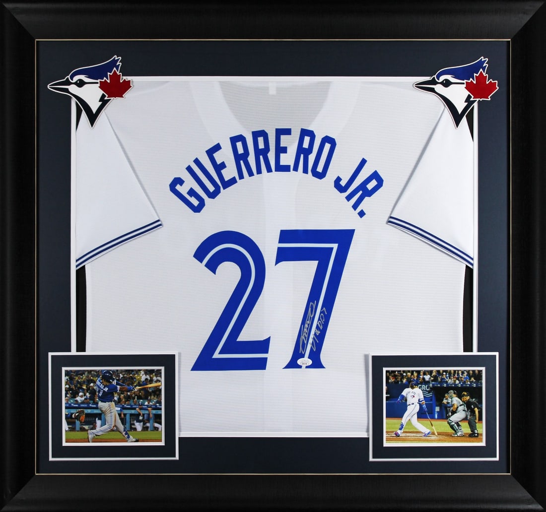 Framed Vladimir Guerrero Jr Autographed White Jersey With Vladdy Inscription JSA COA: Framed Vladimir Guerrero Jr Autographed White Jersey With Vladdy Inscription JSA COA This professionally framed white pro style jersey has been personally signed by Vladimir Guerrero Jr. of the Toront