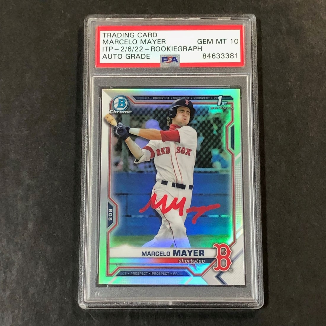 2021 Bowman Chrome Refractor Marcelo Mayer Signed Card PSA 10: 2021 Bowman Chrome Refractor Marcelo Mayer Signed Card PSA 10 This listing features a 2021 Bowman Chrome Refractor 1st #BDC-174 card, signed by Marcelo Mayer. The signature has been authenticated and 