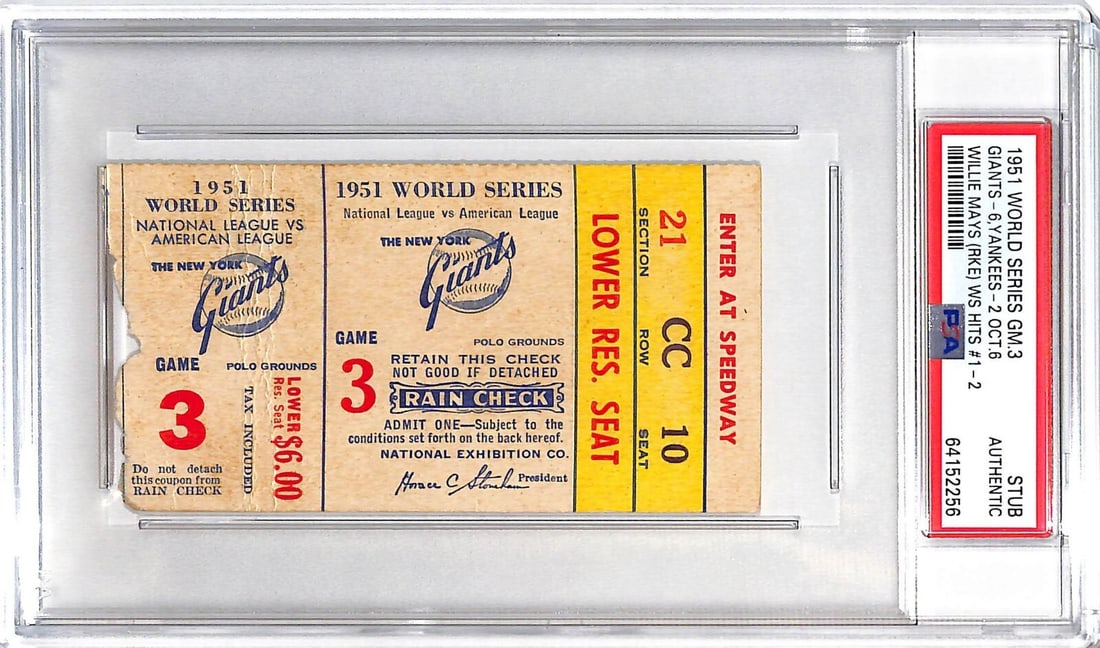 1951 World Series Game 3 Ticket Stub Willie Mays Hits 1 & 2 PSA: 1951 World Series Game 3 Ticket Stub Willie Mays Hits 1 & 2 PSA This is an original ticket stub from the 1951 World Series Game 3 between the New York Yankees and the New York Giants. This historic ev