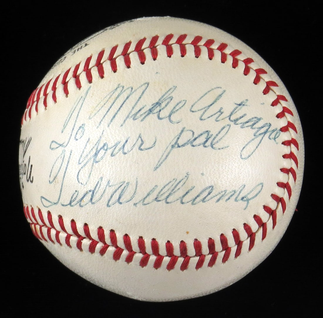 1950s Ted Williams Signed National League Baseball JSA COA Your Pal Inscription: 1950s Ted Williams Signed National League Baseball JSA COA Your Pal Inscription This authentic 1950's Ted Williams single signed National League baseball is a remarkable collectible for any baseball e