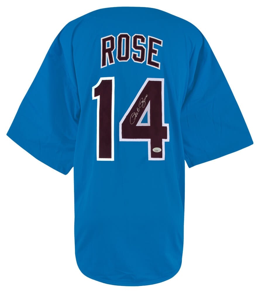 Philadelphia Phillies Blue Jersey Autographed by Pete Rose with JSA COA: Philadelphia Phillies Blue Jersey Autographed by Pete Rose with JSA COA This blue throwback custom baseball jersey has been signed by Pete Rose, legendary player for the Philadelphia Phillies. The jer