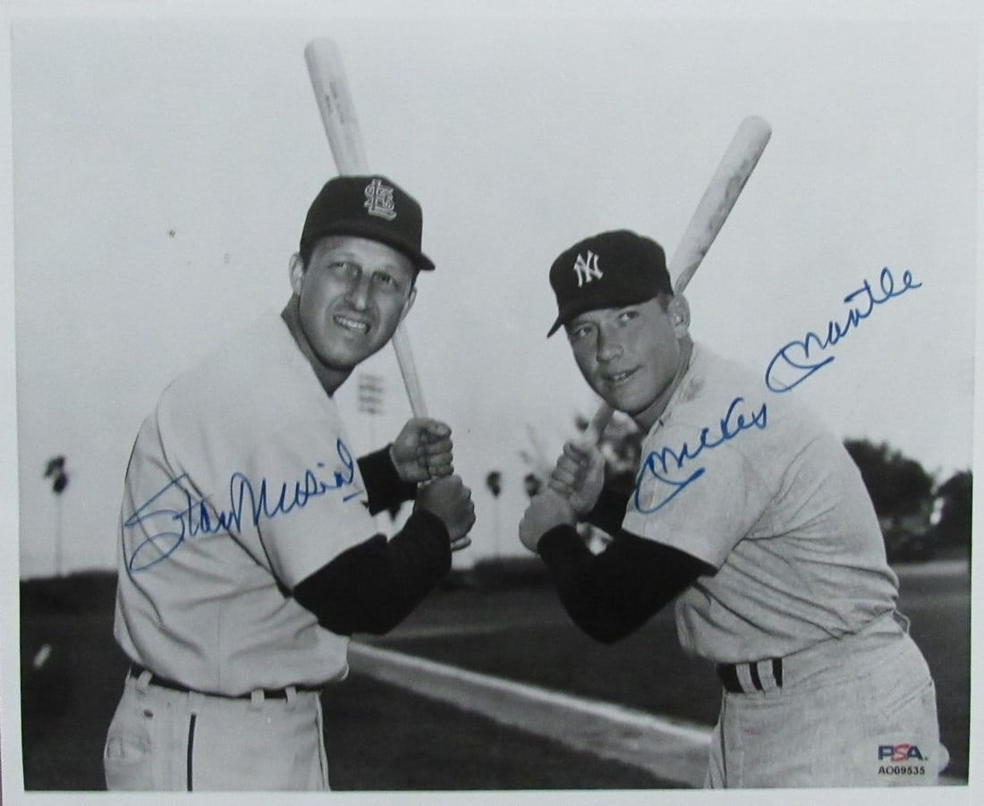 Mickey Mantle Stan Musial Dual-Signed 8x10 Photo PSA/DNA Authenticated: Mickey Mantle Stan Musial Dual-Signed 8x10 Photo PSA/DNA Authenticated This remarkable item features a Mickey Mantle and Stan Musial dual-signed autographed 8x10 black and white photo, making it a mus