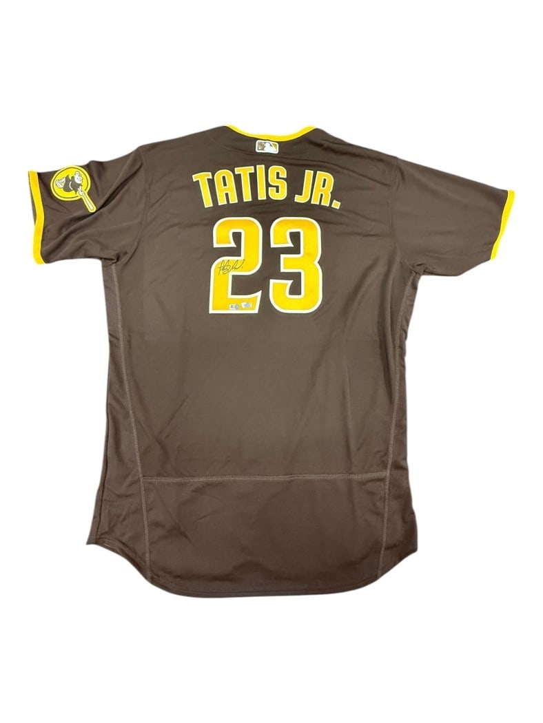 Fernando Tatis Jr. Padres Away Authentic Jersey JSA Autographed: Fernando Tatis Jr. Padres Away Authentic Jersey JSA Autographed This is a pre-owned San Diego Padres away authentic jersey autographed by Fernando Tatis Jr. The jersey is original and features dual au