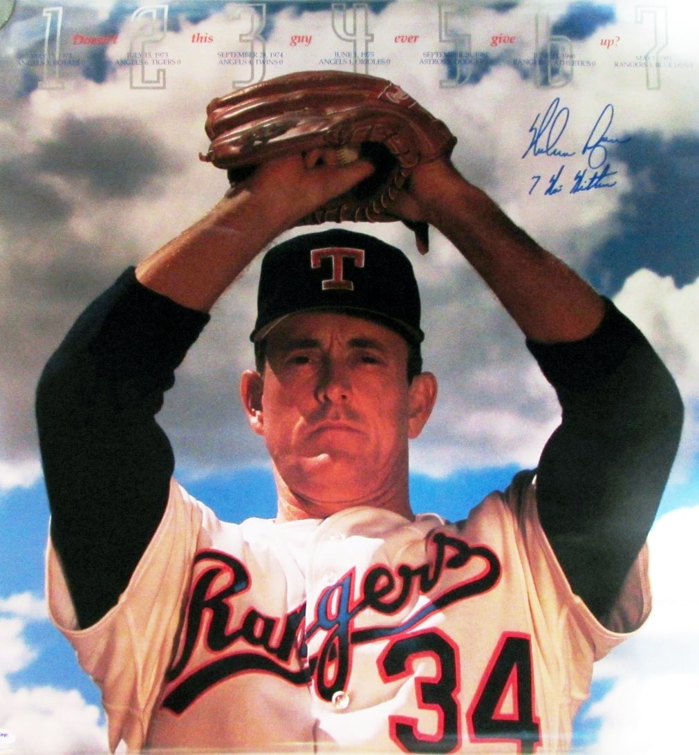 Nolan Ryan Autographed Vintage Texas Rangers Poster PSA/DNA: Nolan Ryan Autographed Vintage Texas Rangers Poster PSA/DNA Capture a piece of baseball history with this vintage Texas Rangers poster, featuring the autograph of legendary pitcher Nolan Ryan. Authent