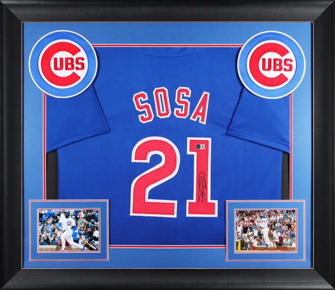 Framed Sammy Sosa Signed Blue Jersey Beckett Witness Chicago Cubs: Framed Sammy Sosa Signed Blue Jersey Beckett Witness Chicago Cubs This professionally framed blue pro style jersey has been personally signed by Sammy Sosa of the Chicago Cubs. The autograph is authen